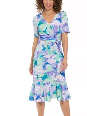 London Times Lavender & Aqua Floral Twist-Front Midi Dress